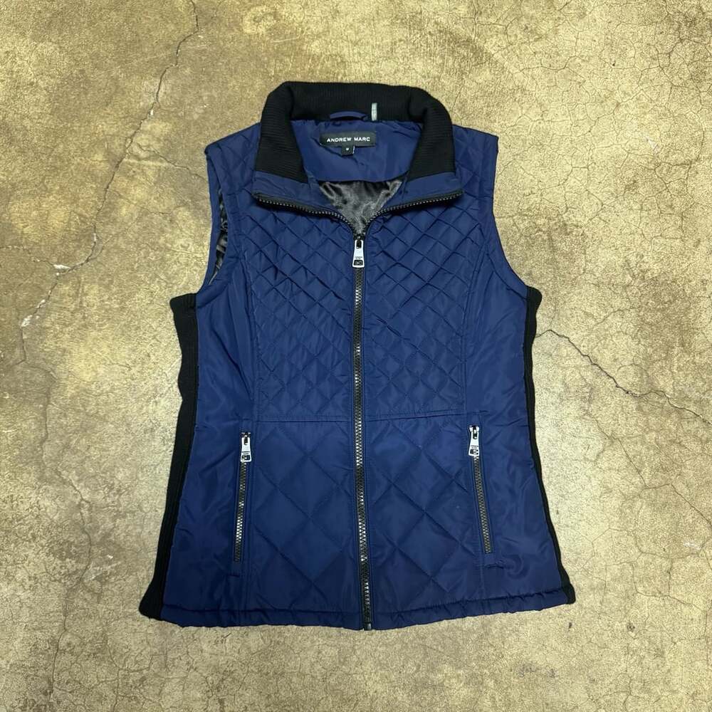 Andrew Marc Quilted Vest Size M Blue Ribbed Side Panels Full Zip